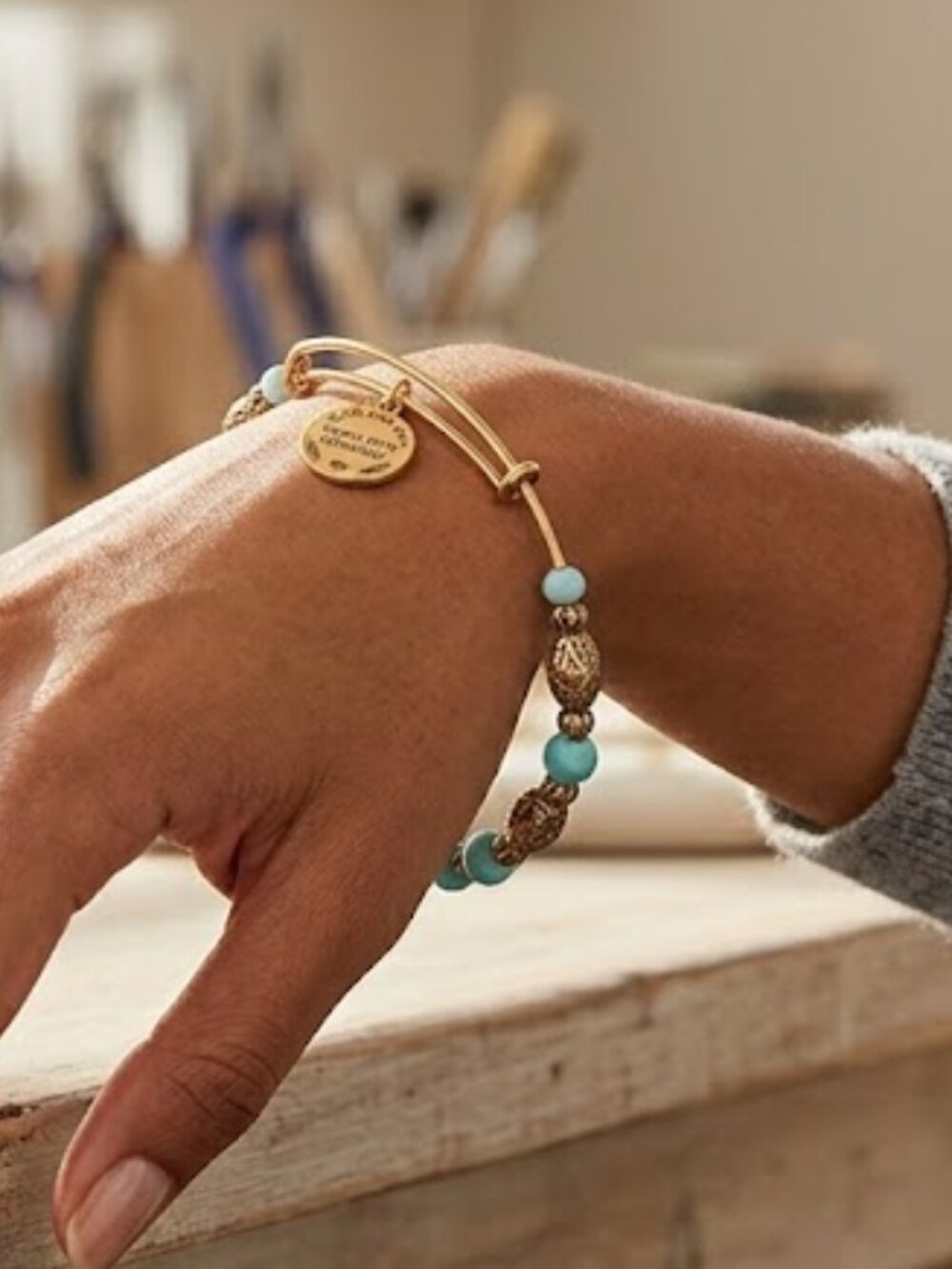Alex and Ani Stunning Bronze & Turquoise Adjustable Beaded Bracelet - Brand New